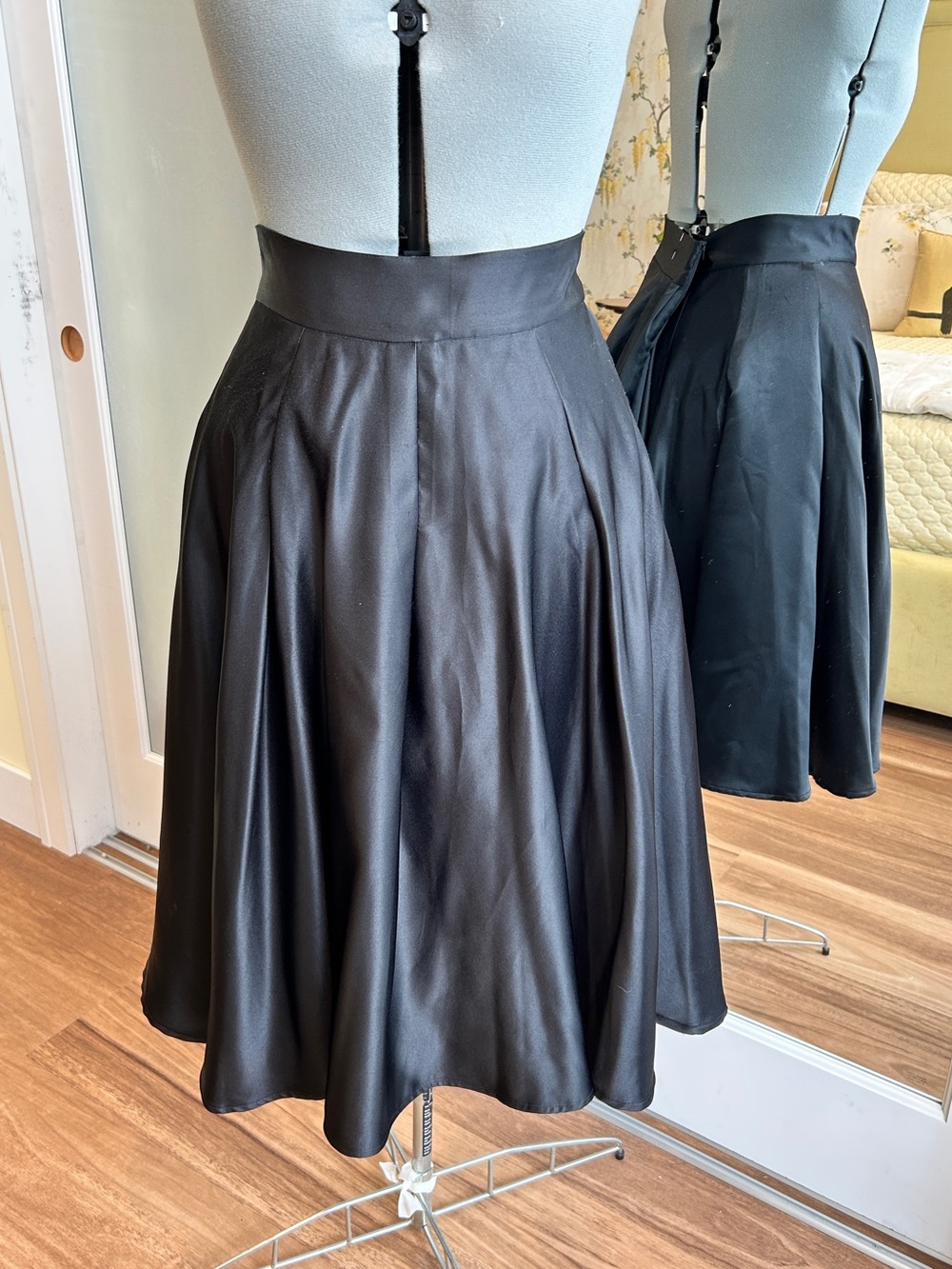 Handmade Classic Black Satin Circle Skirt with Box Pleats